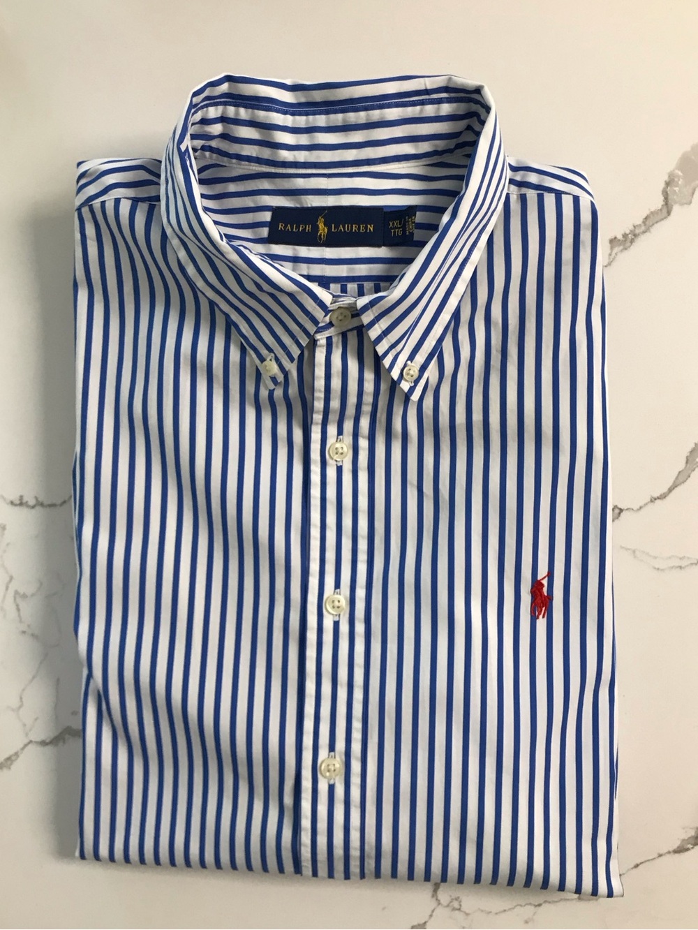 Ralph Lauren Men’s Blue & White Striped Button-Down Shirt with Red Pony XXL